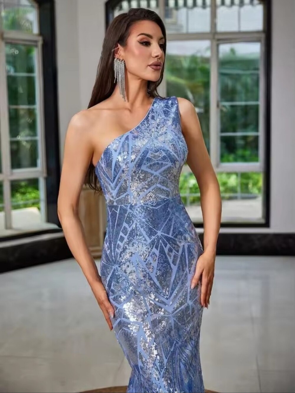 One-Shoulder Sequin Evening Gown in Light Blue - Picture 4 of 16